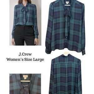 J. Crew Women’s Teal and Navy Plaid Bow-Neck Feminine Blouse